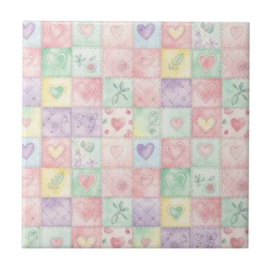 Oud Landhuis Bloemige Patchwork Gingham Pastel Tegeltje (Voorkant)