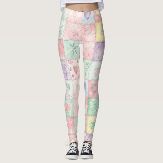 Oud Landhuis Bloemrijke Patchwork Gingham Pastel Leggings (Voorkant)