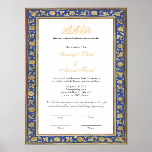 Oud lijst Muslim nikkah Certificate poster (Voorkant)