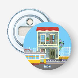 Oud Lissabon huis met katten en gele tram Button Flesopener