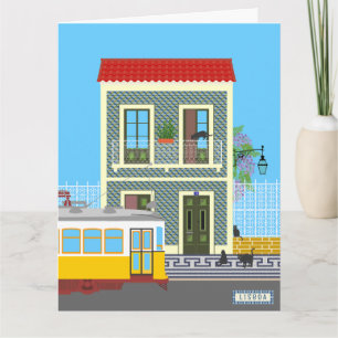 Oud Lissabon huis met katten en gele tram Kaart