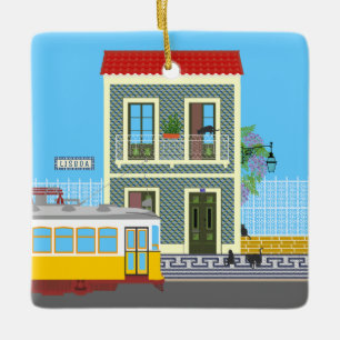 Oud Lissabon huis met katten en gele tram Keramisch Ornament