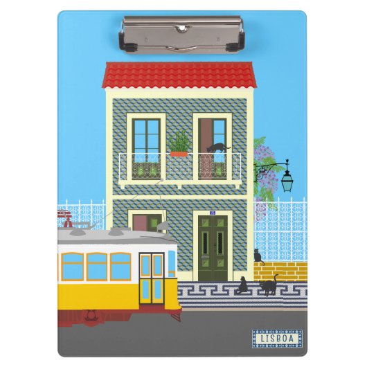 Oud Lissabon huis met katten en gele tram Klembord (Voorkant)