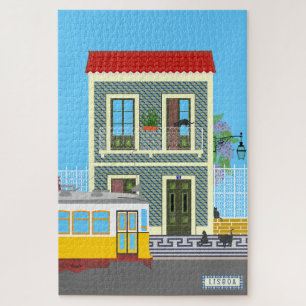 Oud Lissabon huis met katten en gele tram Legpuzzel