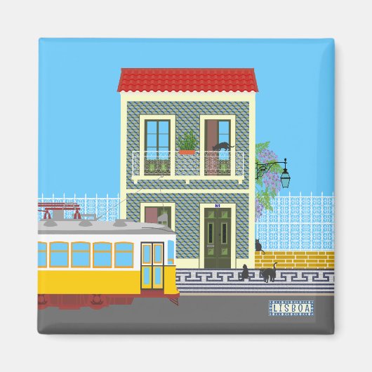 Oud Lissabon huis met katten en gele tram Magneet (Voorkant)