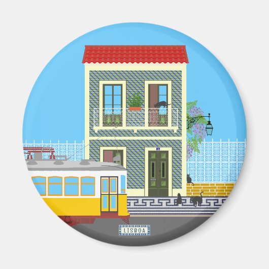 Oud Lissabon huis met katten en gele tram Magneet (Voorkant)