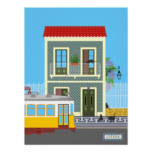 Oud Lissabon huis met katten en gele tram Perfect Poster (Voorkant)