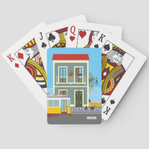 Oud Lissabon huis met katten en gele tram Pokerkaarten