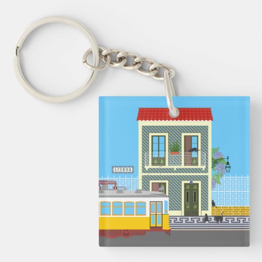 Oud Lissabon huis met katten en gele tram Sleutelhanger (Voorkant)