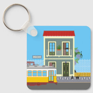 Oud Lissabon huis met katten en gele tram Sleutelhanger