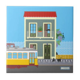 Oud Lissabon huis met katten en gele tram Tegeltje