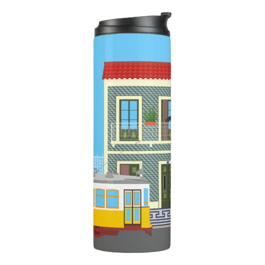 Oud Lissabon huis met katten en gele tram Thermosbeker (Gedraaid links)