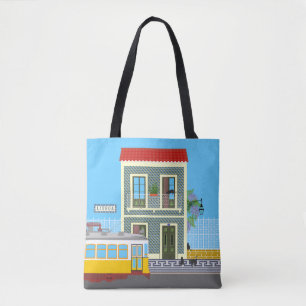 Oud Lissabon huis met katten en gele tram Tote Bag