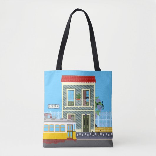 Oud Lissabon huis met katten en gele tram Tote Bag (Voorkant)