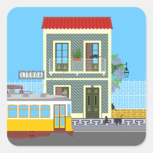 Oud Lissabon huis met katten en gele tram Vierkante Sticker