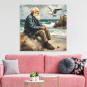 Oud man bij het zee, meeuwen vliegen canvas afdruk (Insitu (Woonkamer))