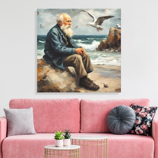 Oud man bij het zee, meeuwen vliegen canvas afdruk (Insitu (Woonkamer))