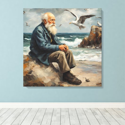 Oud man bij het zee, meeuwen vliegen canvas afdruk (Insitu (Houten vloer))