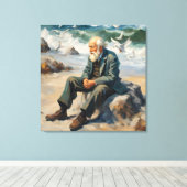 Oud man bij het zee, meeuwen vliegen grote verf canvas afdruk (Insitu (Houten vloer))