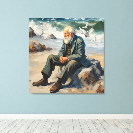 Oud man bij het zee, meeuwen vliegen grote verf canvas afdruk (Insitu (Houten vloer))