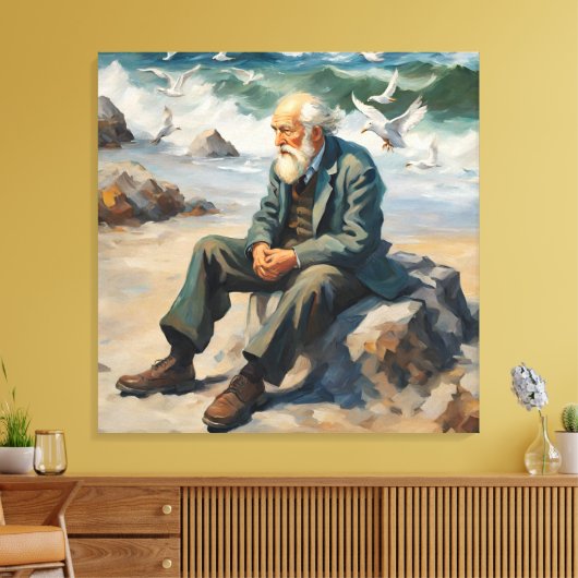Oud man bij het zee, meeuwen vliegen grote verf canvas afdruk (Insitu (Woonkamer))