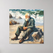 Oud man bij het zee, meeuwen vliegen grote verf canvas afdruk (Voorkant)