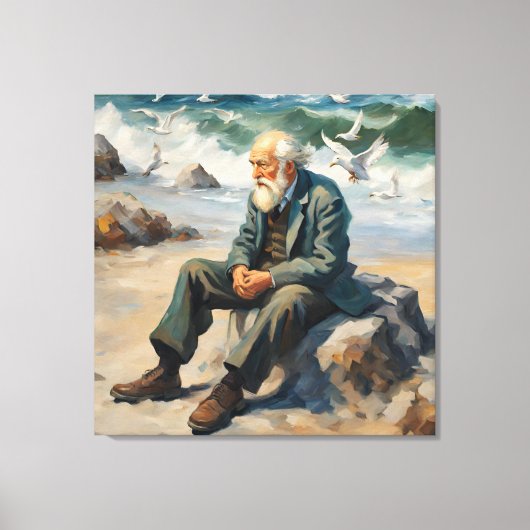 Oud man bij het zee, meeuwen vliegen grote verf canvas afdruk (Voorkant)