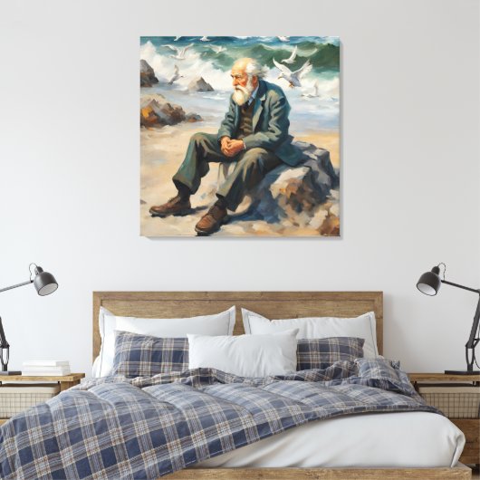Oud man bij het zee, meeuwen vliegen grote verf canvas afdruk (Insitu (Slaapkamer))