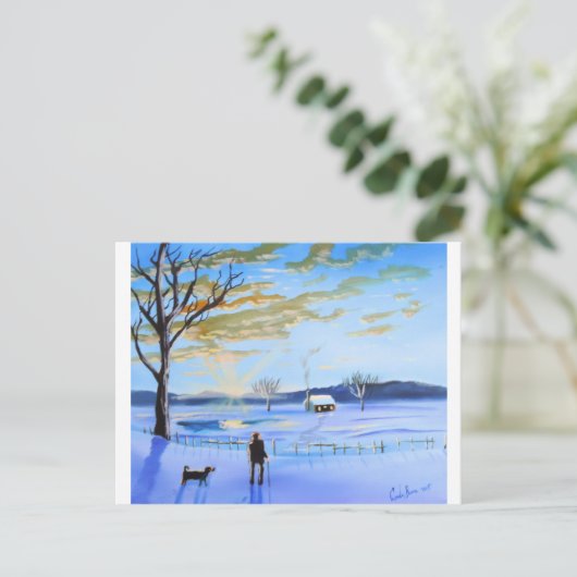 Oud man en zijn wintersneeuwschilderij briefkaart (Staand voorkant)