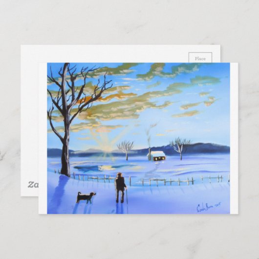 Oud man en zijn wintersneeuwschilderij briefkaart (Voorkant / Achterkant)