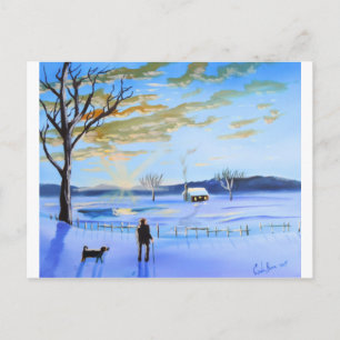 Oud man en zijn wintersneeuwschilderij briefkaart