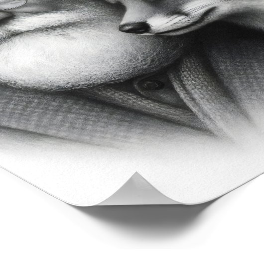 Oud Man met Fox Classic Black & White Pencil Art Poster (Hoek)