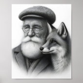 Oud Man met Fox Classic Black & White Pencil Art Poster (Voorkant)