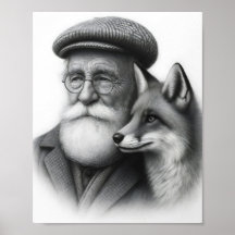 Oud Man met Fox Classic Black & White Pencil Art