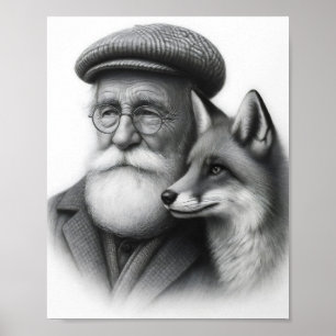 Oud Man met Fox Classic Black & White Pencil Art Poster