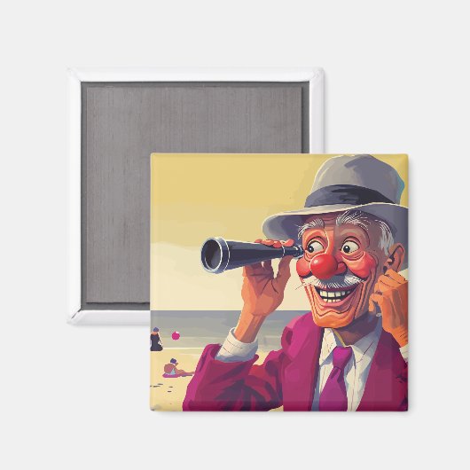 Oud Man met Spyglass op het strand, Grappig Magneet (Voorkant / Achterkant)