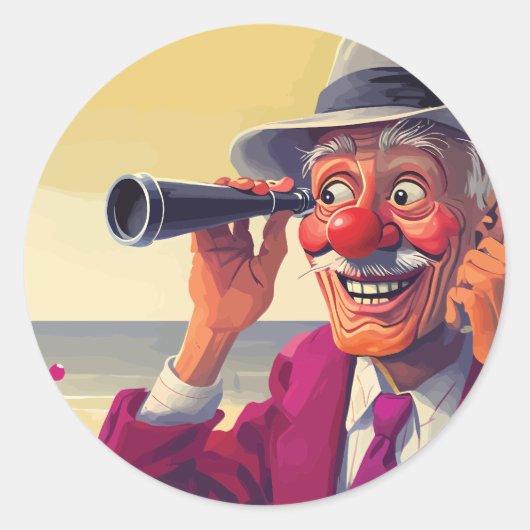 Oud Man met Spyglass op het strand, Grappig Ronde Sticker (Voorkant)