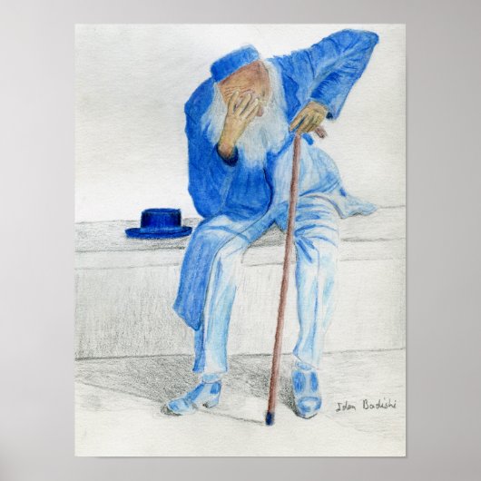 Oud Man op een bank, met blauwe kleren Poster (Voorkant)