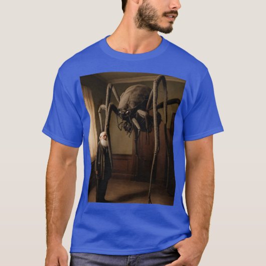 Oud Man staat naast een reusachtig spinmonster T-shirt (Voorkant)