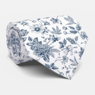 Oud marineblauw bloemmotief Toile-De-Jouy-patroon  Stropdas