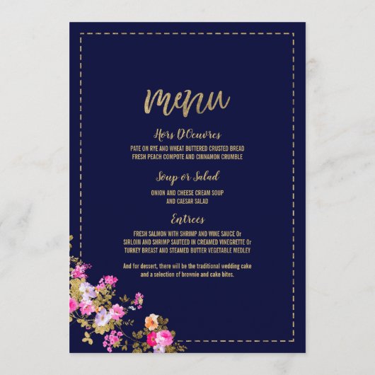 Oud marineblauw roze goud bloemmotief menu (Achterkant)