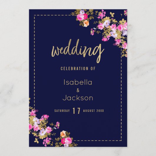 Oud marineblauw roze goud bloemmotief menu (Voorkant)