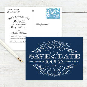 Oud marineblauw schrijfwerk save the date aankondigingskaart