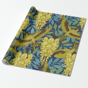 Oud marineblauw vogel- en geel bloempatroon cadeaupapier