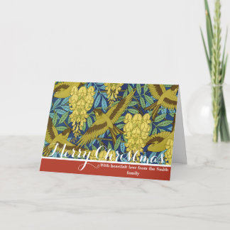 Oud marineblauw vogel- en geel bloempatroon feestdagen kaart