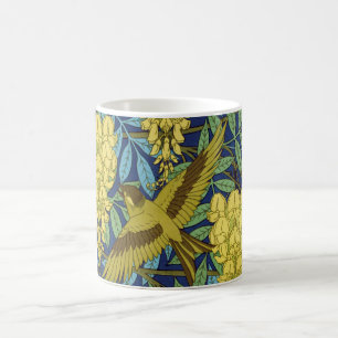 Oud marineblauw vogel- en geel bloempatroon koffiemok