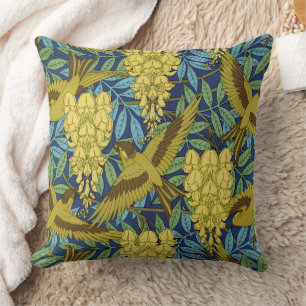 Oud marineblauw vogel- en geel bloempatroon kussen