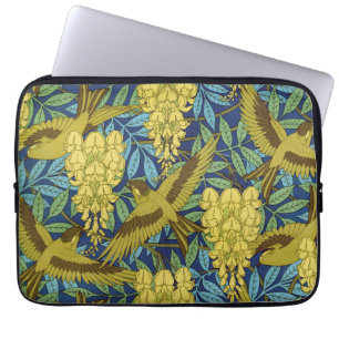 Oud marineblauw vogel- en geel bloempatroon laptop sleeve