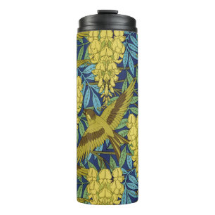 Oud marineblauw vogel- en geel bloempatroon thermosbeker