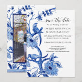 Oud marineblauw-witte chinoiserie bloemenmotief save the date (Voorkant / Achterkant)